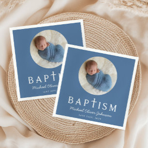 Blue Script Religious Cross Baptism Photo Napkin