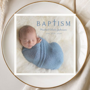 Blue Script Religious Cross Boy Baptism Photo Napkin