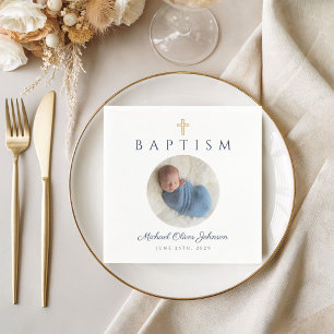 Blue Script Religious Cross Boy Baptism Photo Napkin
