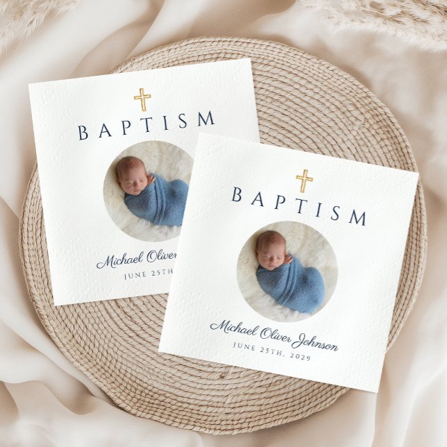 Blue Script Religious Cross Boy Baptism Photo  Napkin (Blue Script Religious Cross Boy Baptism Photo Napkins)