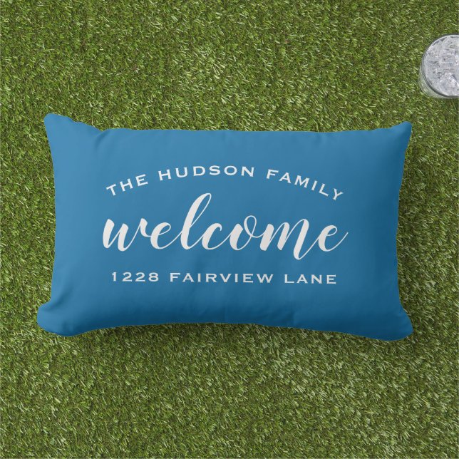 Blue Script Welcome Monogram Porch Lumbar Cushion (Grass)