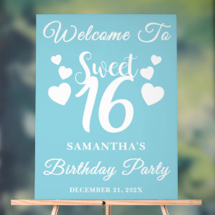 Blue Script Winter Sweet 16 Birthday Welcome Acrylic Sign