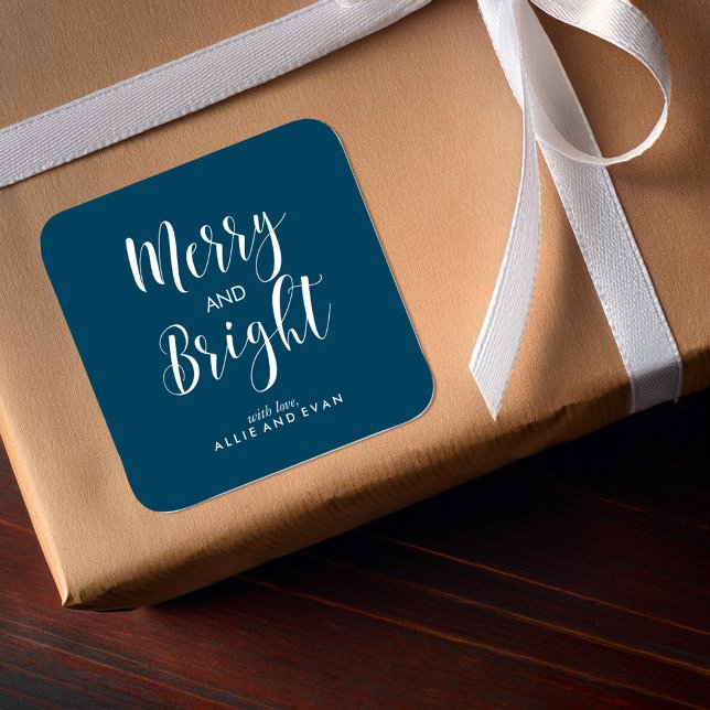 Blue Scripted Merry and Bright Square Sticker (Creator Uploaded)