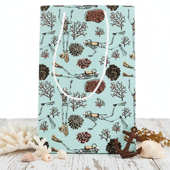 Blue Scuba Diver and Coral Illustration Medium Gift Bag (Unique Skeleton Scuba Diver Gift Bags for Diver. Under the Sea Pattern of Divers and Ocean Coral)