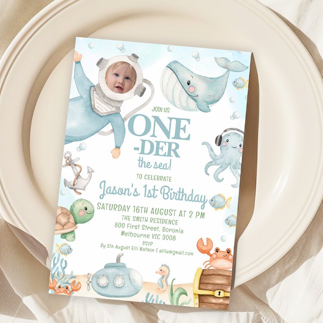 Blue Scuba Diver Onerder the Sea 1st Birthday  Invitation (Oneder the Sea 1st Birthday Invitation Scuba Diver Photo, Under the Sea First Birthday Party Invite)