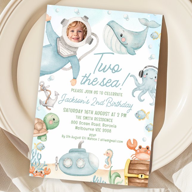 Blue Scuba Diver Two The Sea 2nd Birthday Invitation (Scuba Diver Two the Sea 2nd Birthday Invitation Boy, Under the Sea Second Birthday Invite, Photo)