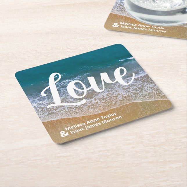 Blue Sea Beach Wedding Square Paper Coaster (Angled)