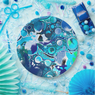 Blue Sea Bubbles Abstract Art Paper Plate