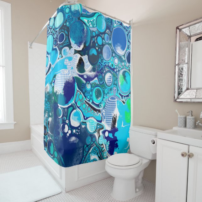 Blue Sea Bubbles Abstract Art Shower Curtain (In Situ)