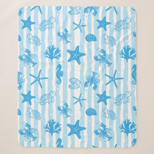 Blue Sea Creatures Nautical Doodle Pattern Sherpa Blanket