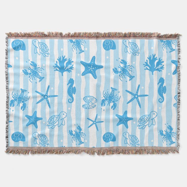 Blue Sea Creatures Nautical Doodle Pattern Throw Blanket (Front)