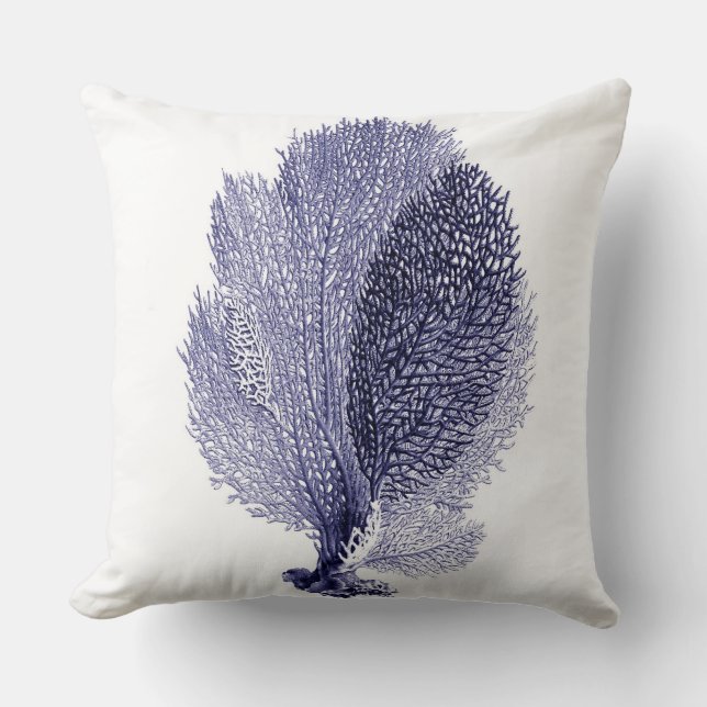 Blue Sea Fan on White Throw Pillow (Front)