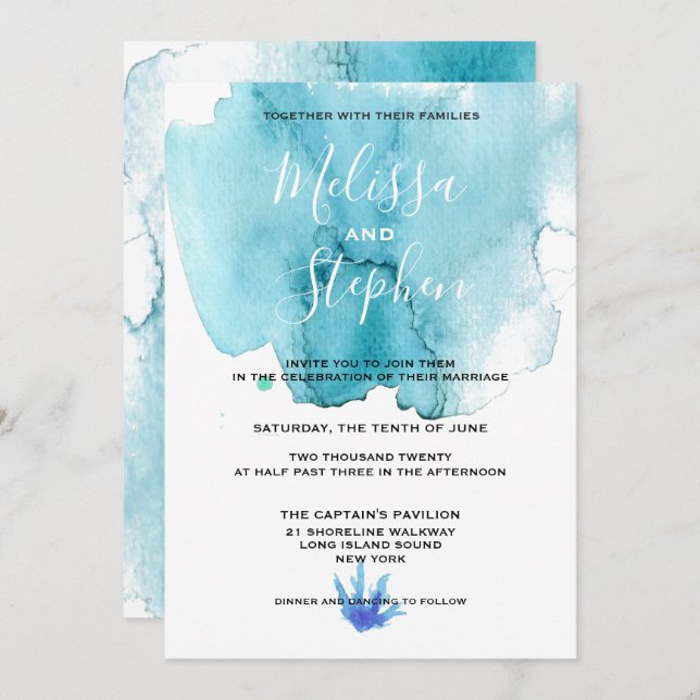 Blue Sea Foam Watercolor Beach Wedding Invitation (Front/Back)