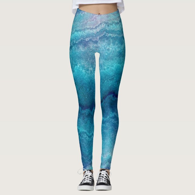 Blue Sea Green Agate Texture Leggings (Front)