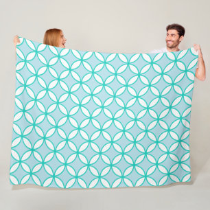 Blue, sea green and white petals circles diamonds fleece blanket