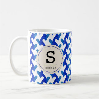 Blue Sea Heart Pattern with modern Monogram Coffee Mug