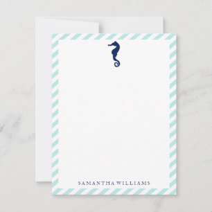 Blue Sea Horse on Mint Stripes Note Cards