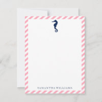 Blue Sea Horse on Pink Stripes Note Cards