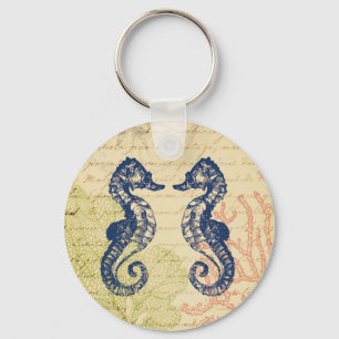 Blue Sea Horses Collage Key Ring