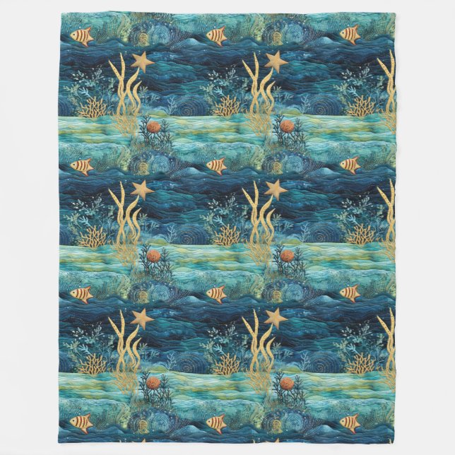 Blue Sea Ocean Beach Starfish Fleece Blanket (Front)