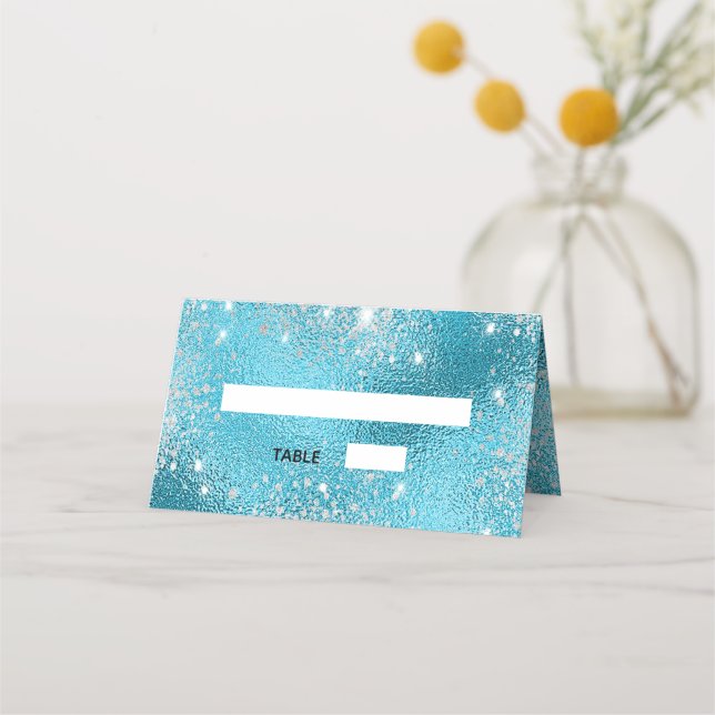 Blue sea ocean metal glitter beach wedding place card (Front)