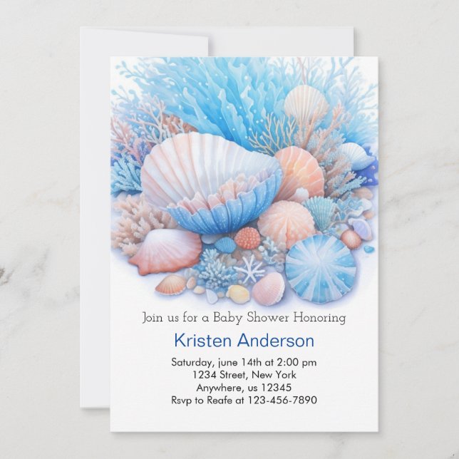 Blue Sea Shell Blissful Beach Baby Shower Invitation (Front)