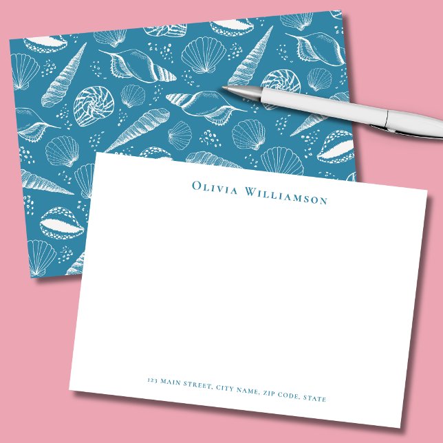 Blue Sea Shell Coastal Card (Teal Blue and white seashell personalized stationery note cards)