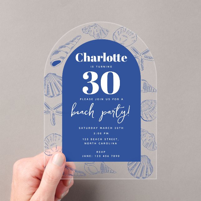 Blue Sea Shells Beach Summer Birthday Party Arch Acrylic Invitations (Insitu (Handheld))