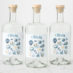 Blue Sea Shells Liquor Label   Custom Name