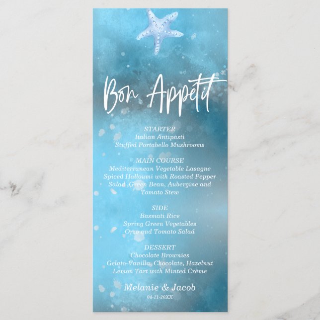 Blue Sea Summer Bon Appetit Wedding Flat Menu Card (Front)