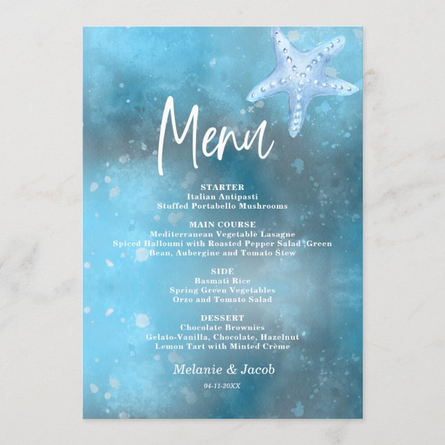 Blue Sea Summer Wedding Flat Menu Card (Front)