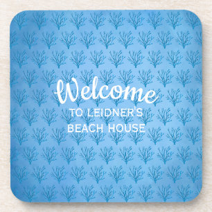Blue sea tree corals pattern on blue background coaster