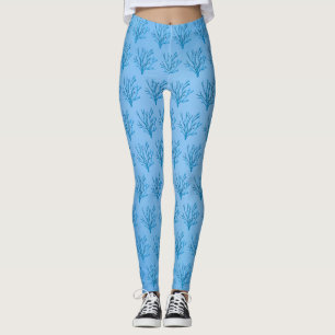Blue sea tree corals pattern on blue background leggings