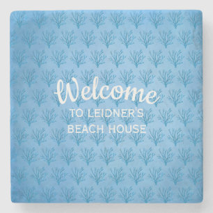 Blue sea tree corals pattern on blue background stone coaster