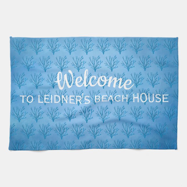 Blue sea tree corals pattern on blue tea towel (Horizontal)
