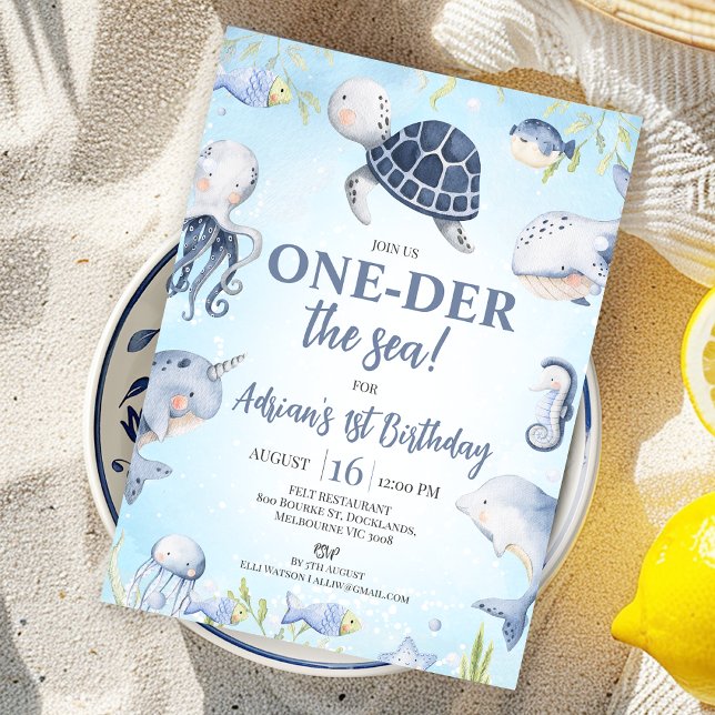 Blue Sea Turtle One-der The Sea 1st Birthday Invitation (Oneder the Sea 1st Birthday Invitation for Boy Blue Sea Turtle One-der the Sea First Birthday Invite)