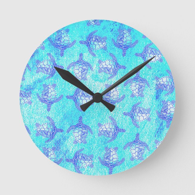 Blue Sea Turtle Print Round Clock (Front)