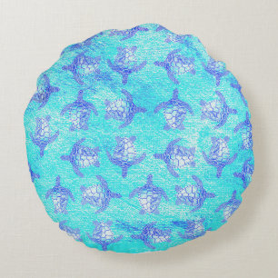 Blue Sea Turtle Print Round Cushion