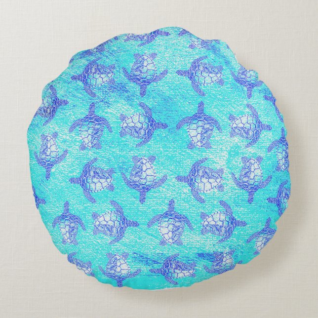 Blue Sea Turtle Print Round Cushion (Back)