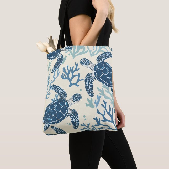 Blue Sea Turtle Reef Art Tote Bag (Close Up)
