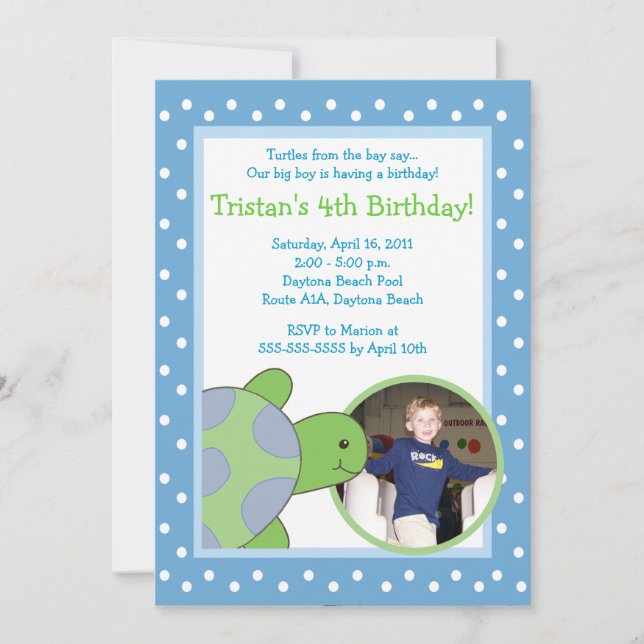 BLUE Sea Turtle Tortoise *PHOTO* Birthday 5x7 Invitation (Front)