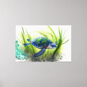 Blue Sea Turtle, Turtle, Sea Decor, Beach Art Canvas Print