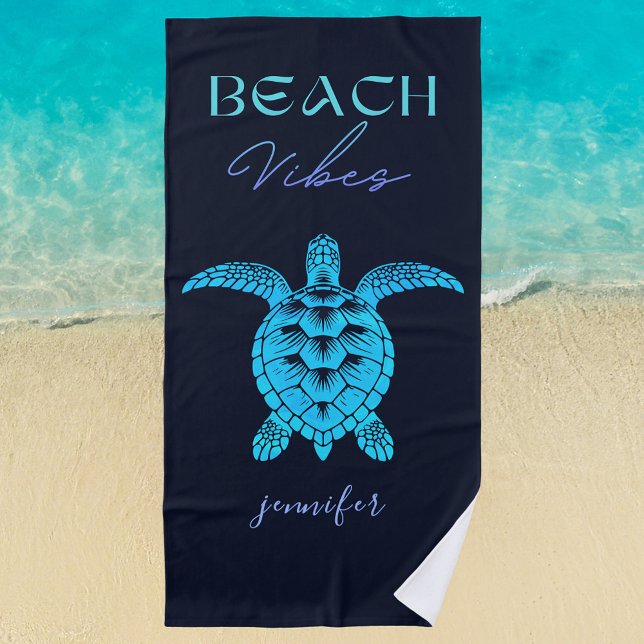 Blue Sea Turtle Watercolor Personalised  Beach Towel (beach vibes teal blue sea turtle beach towel)