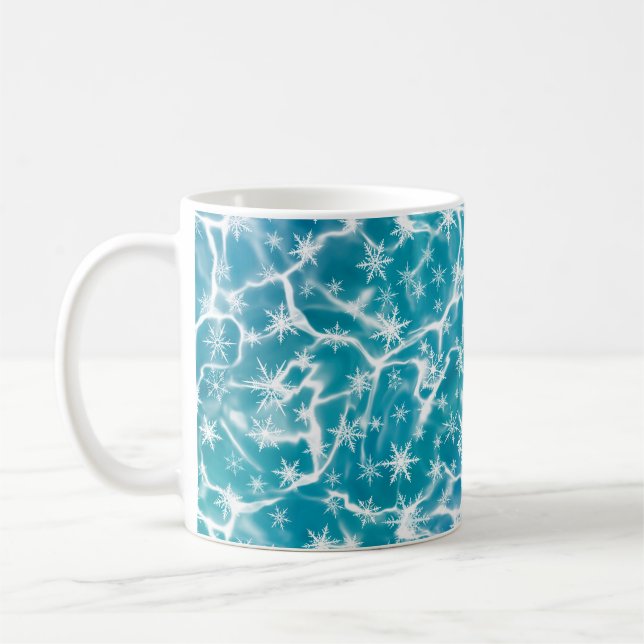 Blue Sea Water with Snow Flakes Coffee Mug (Left)