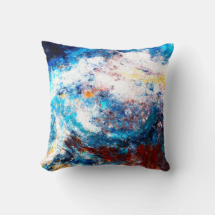 Blue sea wave. Artistic splashes of bright paints. Cushion