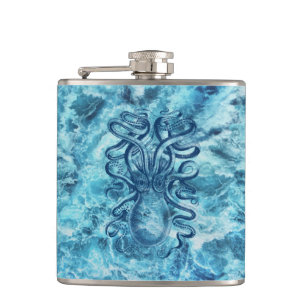 Blue Sea Waves & Octopus Graphic Vintage Drawing Hip Flask