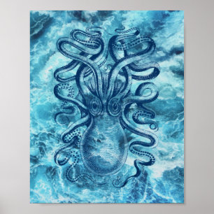 Blue Sea Waves & Octopus Graphic Vintage Drawing Poster