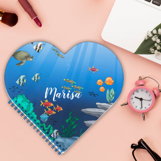 Blue seabed with colourful fish Heart Shaped Notebook
