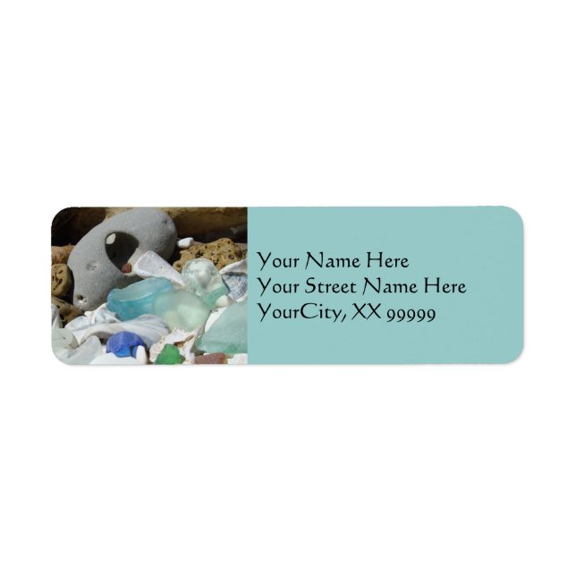Blue Seaglass Address Labels Beach Coastal Fossils (Front)