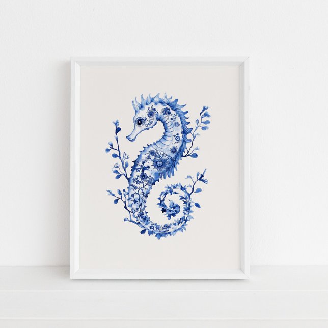 Blue Seahorse – Coastal Blue on Beige Wall Art (Blue Seahorse – Coastal Blue on Beige Wall Art in a white frame on the floor.)